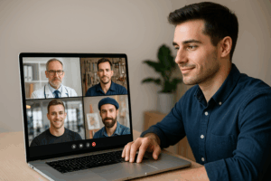 A young man in a dark blue shirt sits at a wooden desk, facing his laptop during a video call with four men displayed on the screen: a doctor in a white coat, a mechanic in a workshop, a sports trainer in a gym, and an artist wearing a beret.