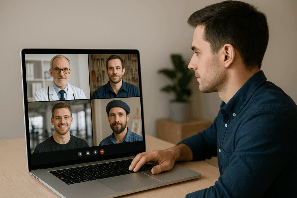 A young professional man in a blue shirt attends a video conference on his laptop, facing four male participants including a doctor, mechanic, fitness trainer, and artist.